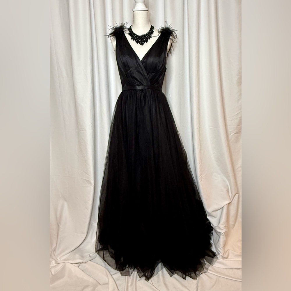 Chic Black Feather-Trim Maxi Dress - Picture 1 of 6